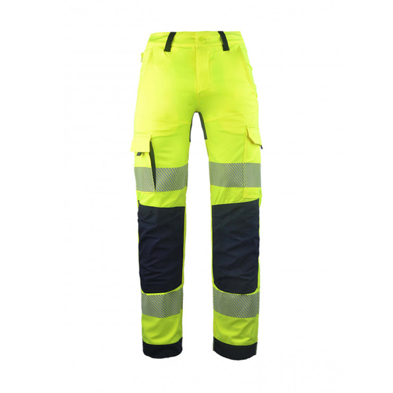 Pantalon haute visibilité stretch avec poches genoux LEON PBV - 01HVEM 56 Jaune hivi / Bleu Marine