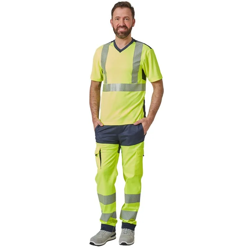 T-shirt haute visibilité manches courtes 100% polyester recyclé - RANA PBV Jaune hivi / Bleu Marine XL