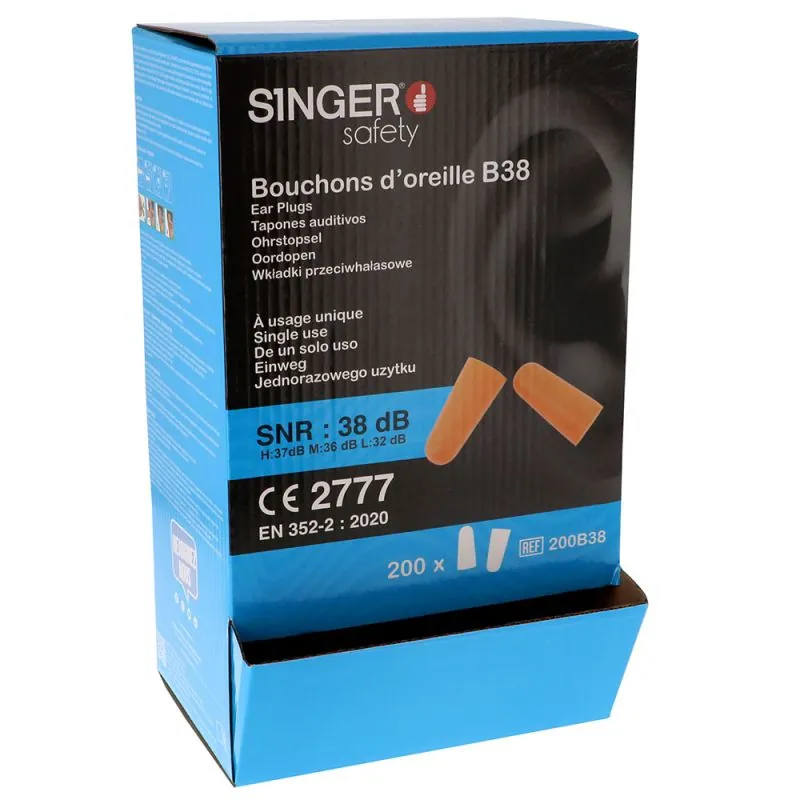 Boite 200 paires de bouchon anti-bruit - Singer Safety 200B38 Orange