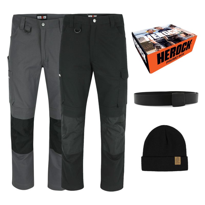 Pack 2 pantalons DERO (noir et gris) - Offerts : Ceinture VERIN + Bonnet HEBO - HEROCK DEROBOX 40 Noir et Gris