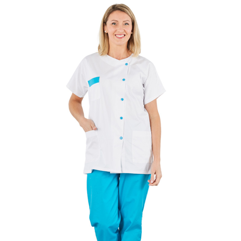 Tunique médicale femme col rond - TEA PBV Blanc / Turquoise T7 / Taille 5XL