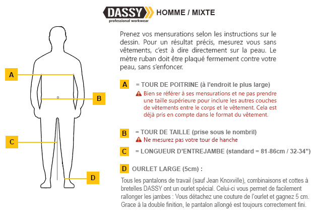 Guide des tailles vêtements Dassy Homme